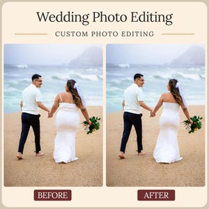 May include: A side-by-side comparison graphic titled Wedding Photo Editing and Custom Photo Editing. The image displays a before and after view of a couple walking on a beach, with the bride in a white dress and the groom in a white shirt.