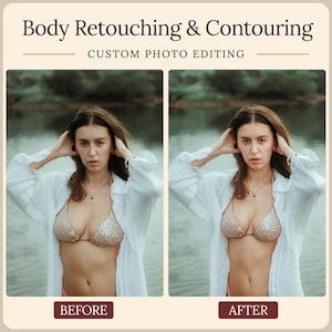 Puede incluir: Una imagen comparativa lado a lado titulada Body Retouching & Contouring Custom Photo Editing. El lado izquierdo etiquetado como Before y el derecho como After muestran a una persona con un top de bikini de lentejuelas y una camisa blanca.