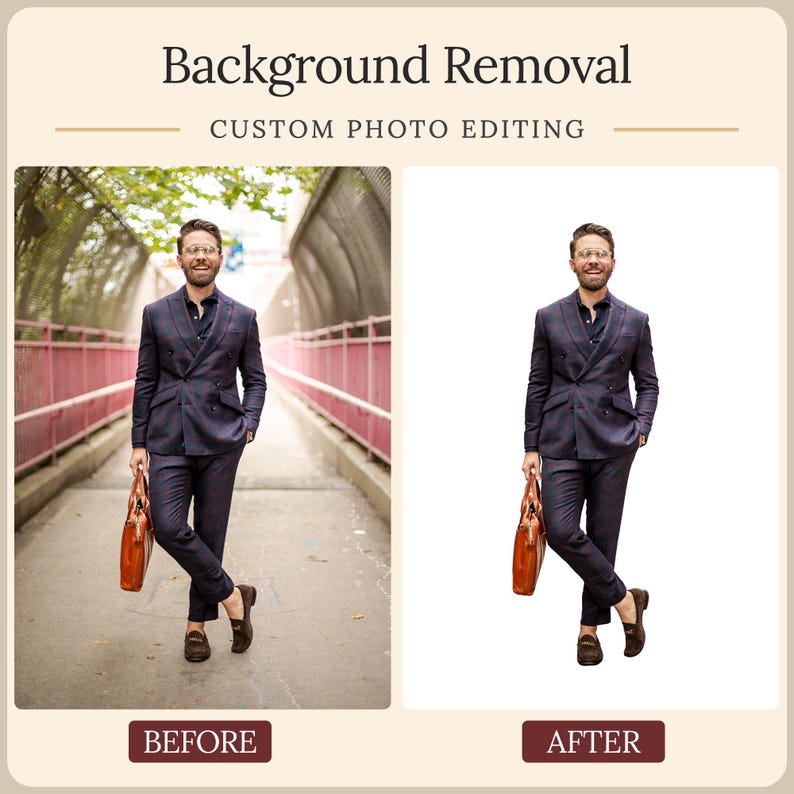 May include: A digital graphic displaying Background Removal Custom Photo Editing services. The image shows a before and after comparison of a person in a dark plaid double-breasted suit, dark shirt, and brown loafers, holding a tan leather briefcase.