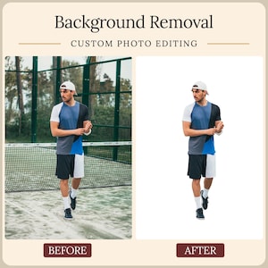 May include: A side-by-side comparison showing background removal for custom photo editing. The left image features a person in a white cap, blue and black shirt, and black shorts on a court. The right image shows the same person with a white background.