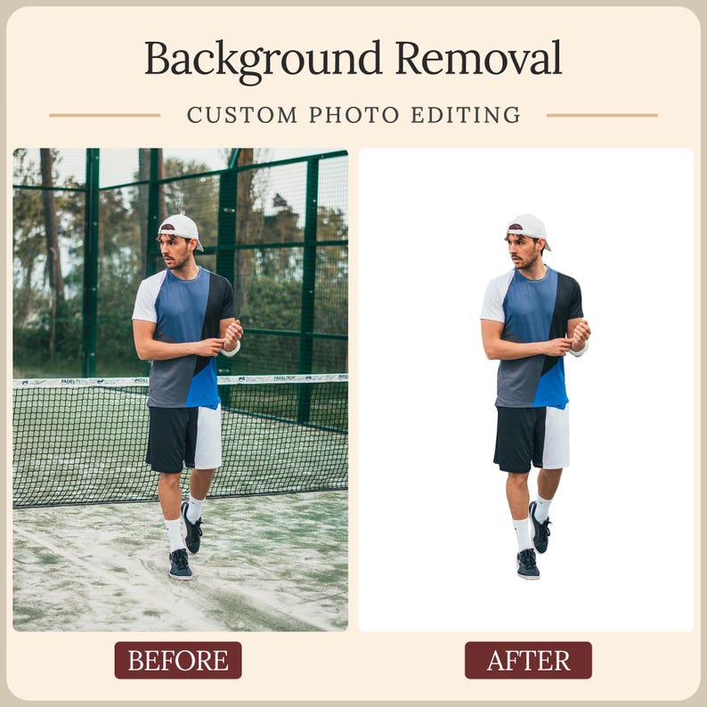 May include: A side-by-side comparison showing background removal for custom photo editing. The left image features a person in a white cap, blue and black shirt, and black shorts on a court. The right image shows the same person with a white background.