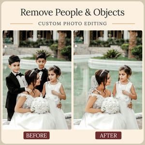May include: A split-screen graphic titled Remove People & Objects Custom Photo Editing. The left side shows a bride, a young girl, and two boys in suits. The right side shows the same bride and girl with the two boys digitally removed.