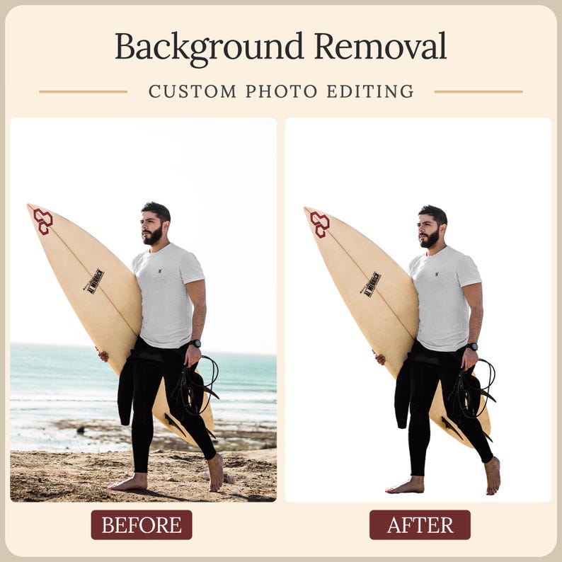 May include: A side-by-side comparison showing background removal for custom photo editing. The left image features a person carrying a surfboard on a beach. The right image displays the same person and surfboard with a plain white background.