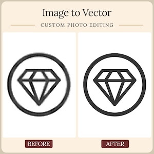 May include: A graphic showing Image to Vector custom photo editing. The left side labeled BEFORE displays a pixelated black diamond icon inside a circle. The right side labeled AFTER displays a smooth, clean vector version of the same diamond icon.
