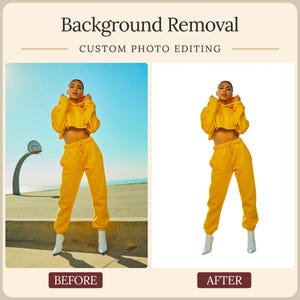 May include: A digital graphic showing a background removal service. The top text reads Background Removal and Custom Photo Editing. Two side-by-side images show a person in a yellow cropped hoodie and sweatpants, with the left showing a basketball court background and the right showing a plain white background.