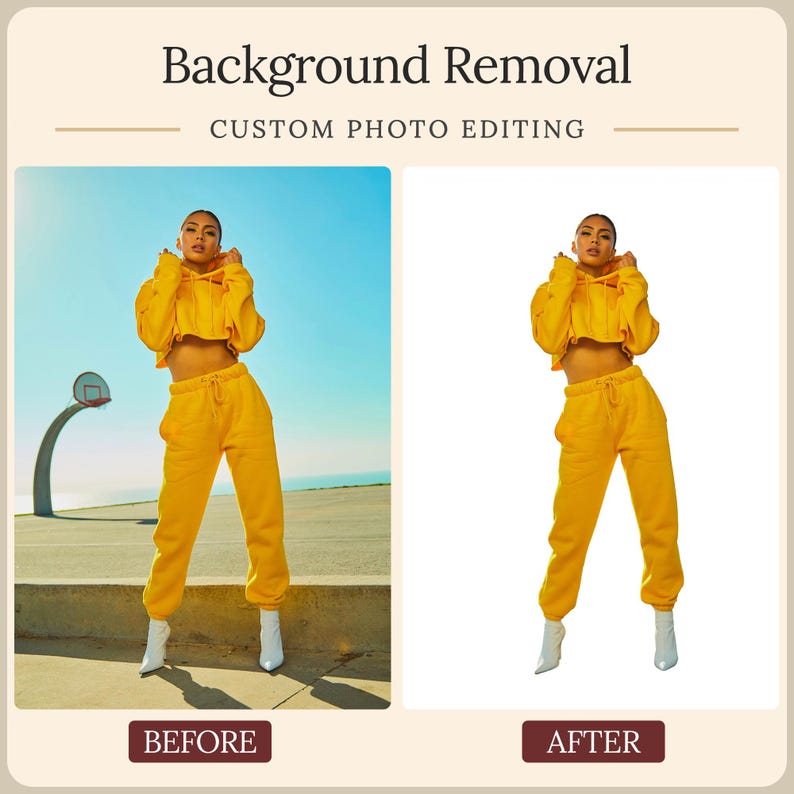 May include: A digital graphic showing a background removal service. The top text reads Background Removal and Custom Photo Editing. Two side-by-side images show a person in a yellow cropped hoodie and sweatpants, with the left showing a basketball court background and the right showing a plain white background.