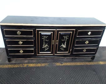 PRICE CUT NOW!!! 72"W Antique Very Heavy Black Lacquer Restored Chinoiserie Birds Motif Design Ming Style Oriental Credenza/Sideboard/Buffet