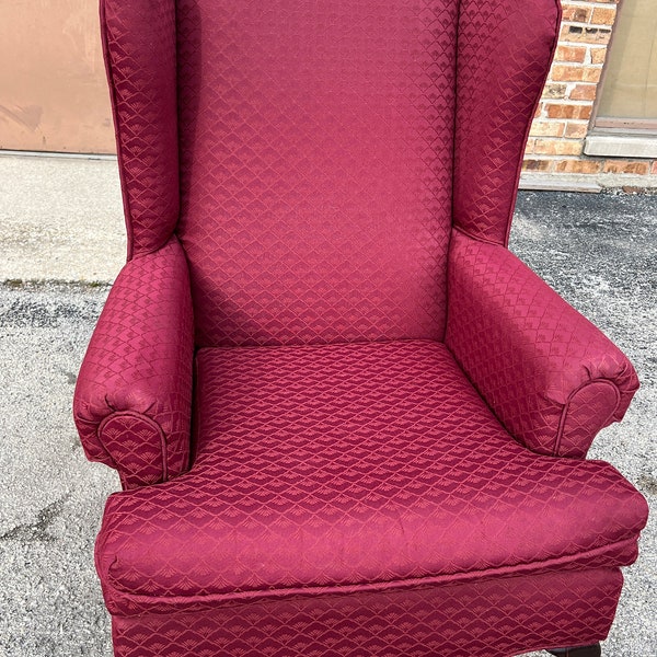 An Affordable Vintage Queen Anne Mahogany Fireside Maroon Reddish Upholstered Wingback Armchair