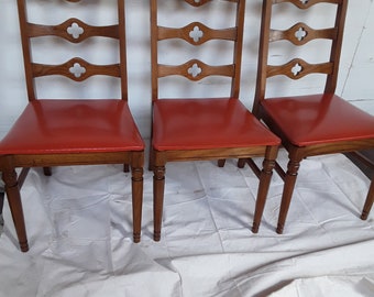 Gorgeous Vintage Wood & Orange/Red Vinyl Chairs w/ Floral Cut Outs on the Back Splats