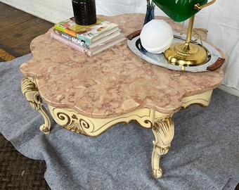 MAGNIFICENT Vintage Retro Unique Scalloped Edges Pink Marble Top French Provincial Style Coffee Table Elaborate Gilt Decoration Ram Head Leg