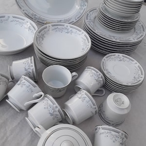 A Gorgeous 49 Pcs Vintage Set of Robin by Fine China of Japan w/ Blue n White Floral n Blue n Gray Broken Band Platinum Trim Service for 8