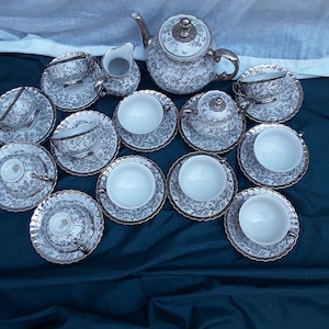 A Gorgeous Antique Large Richard Ginori Forma Bavaria Demitasse Tea/Coffee Set w/ Intricate Silver Scrolls Details & a Thick Silver Edge