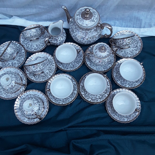 A Gorgeous Antique Large Richard Ginori Forma Bavaria Demitasse Tea/Coffee Set w/ Intricate Silver Scrolls Details & a Thick Silver Edge