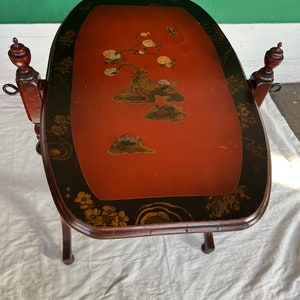 A MAGNIFICENT Rare Large Flip Red-Orange Top Oriental Chinoiserie Side/Accent/Occasional Table Contrasting Black Border Hand Painted Flowers