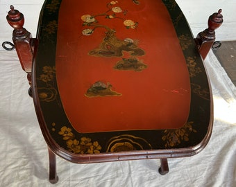 A MAGNIFICENT Rare Large Flip Red-Orange Top Oriental Chinoiserie Side/Accent/Occasional Table Contrasting Black Border Hand Painted Flowers