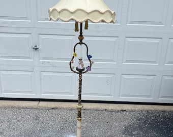 Antique Art Deco Art Nouveau Gilded Gesso 2 Light Marble n Brass Floor w/ Original Shade