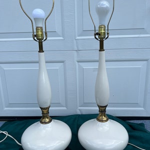 2 Rare Find Antique Exquisite Hour Glass Like White Ceramic & Brass Tall Table Lamps with Cylindrical Drum Shades