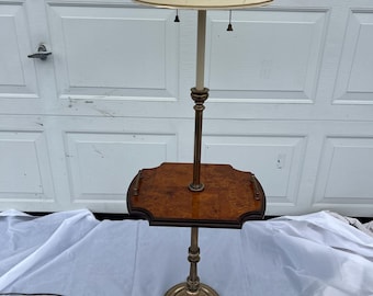 A Vintage Stiffel Brass Floor Lamp w/ Integrated Octagonal Burl Wood Butler's Tray Table Combo