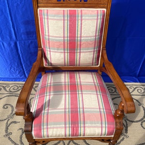 A Beautiful Very Heavy Antique Eastlake Walnut Reupholstered Clenched Fist Arms Armchair w/ Intricate Hand Carved Details on Top of Backrest