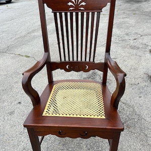 Antique Mahogany Armchair with Lattice Gold Metal Seat, Hand Carved