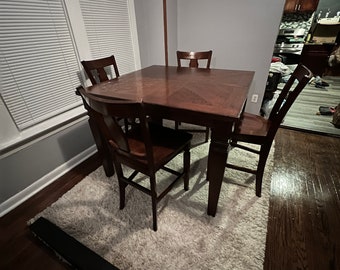 A Solid Sturdy Wood Chunky Hardly Used Very Heavy Dark Chocolate Square Counter Height Dining Table Set Tapered Legs 1 Leaf 4 Chairs/Stools