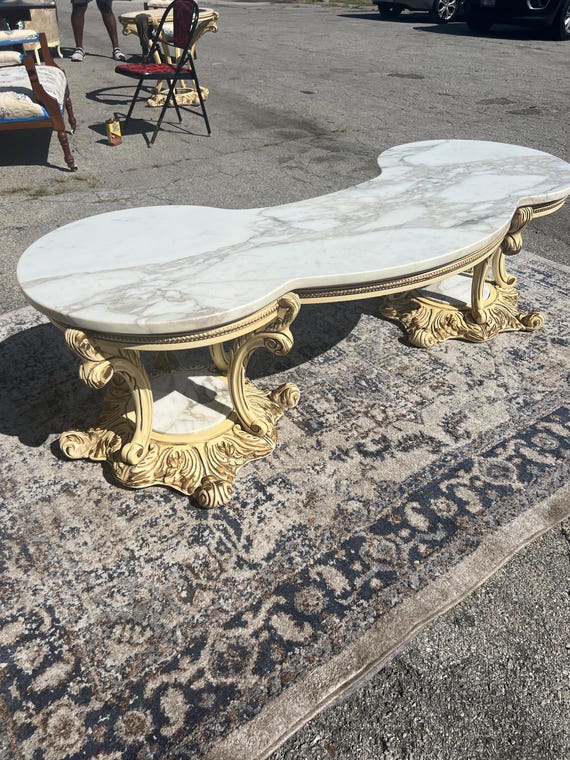 A FABULOUS Very Unique White N Gray Carrara Marble Top Kidney Shaped Large Coffee Table W Intricate Wood N Gilt Decorations Etsy