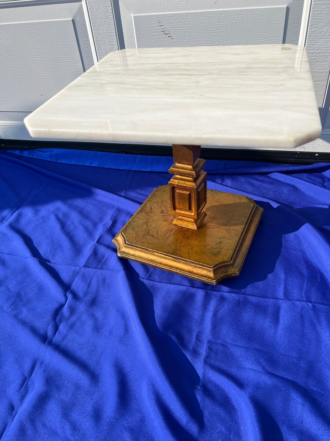 A Rare Gold Leaf Base Square Vintage White, & Gray Marble N Smoky Glass