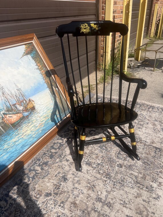 Vintage Chinoiserie Black Lacquer Spindle Rocking Chair - Etsy