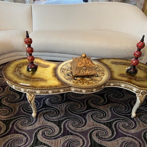 A 64&quot;W MAGNIFICENT Kidney Shaped French Provincial/Louis XVI Hand Painted Gilt Coffee Table w/ Intricate Floral Gilt Decorations Glass Top