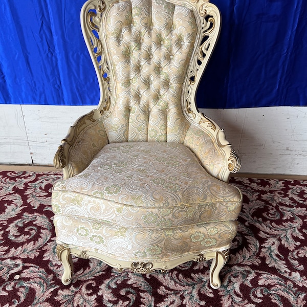 A MAGNIFICENT Vintage Tufted Back Comfy Bergere/Armchair French Louis XVI Style Great Condition Upholstered w/ Heavy Gilt Hand Decorations