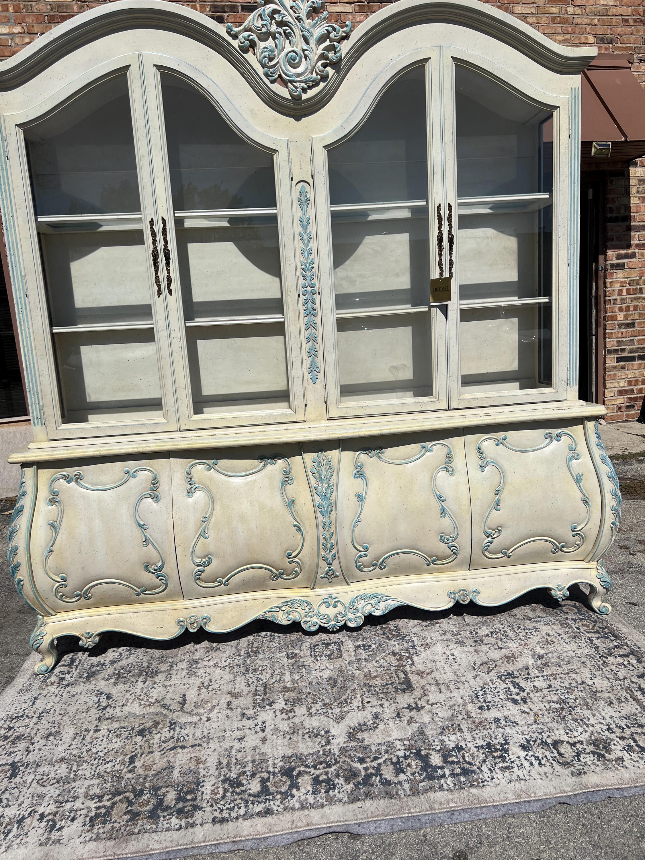 French Country China Cabinet: Lighted Display, Curved Doors
