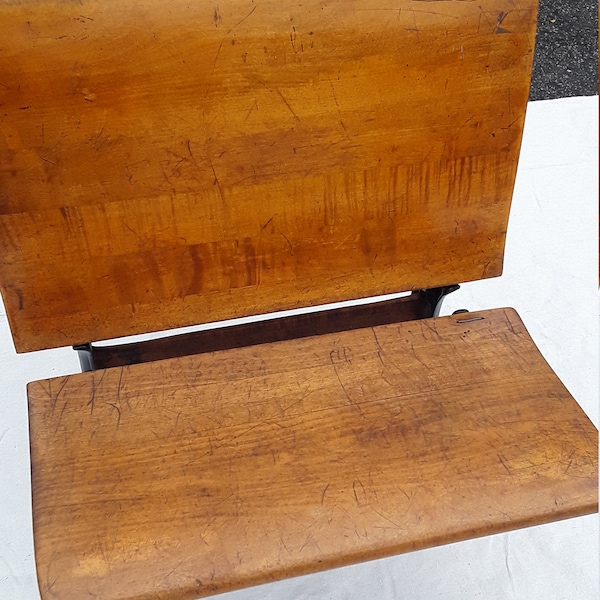 Vintage Wood & Cast Iron Child's School Desk w/ Folding Chair Eclipse#5 w/ Interesting Writings and Photos