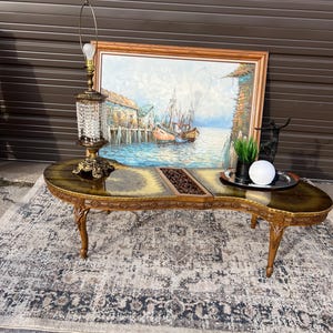 Victorian Style Kidney Shaped Coffee Table: Hand Painted Glass Top, Italian Made