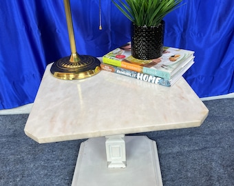 A Soo Cute Square Vintage White w/ White, Pink & Brown Marble Top Very Heavy for it's Size Side Table w/ Raised Square Base n Carved Column