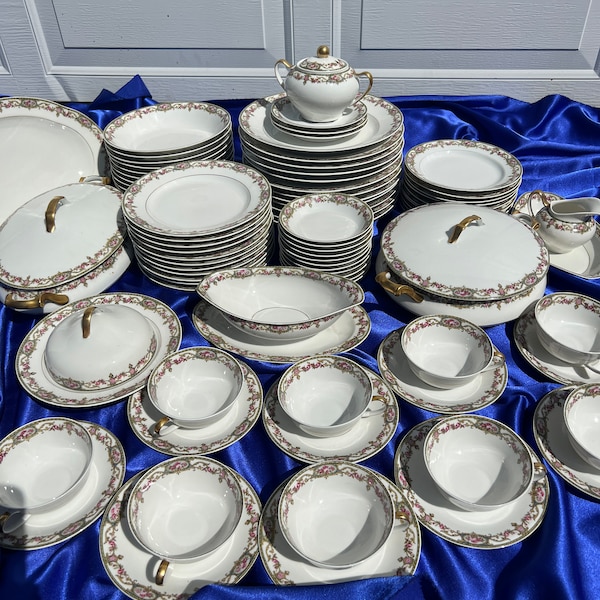 A Collectible Rare Antique A. Lanternier & Co Limoges Made in France Fine Bone China W/ Service for 12 n 7 Piece Placement 8 Hostess Pieces