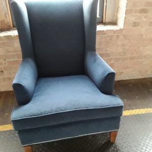A Gorgeous Vintage Blue Chippendale Style Very Comfortable, Sturdy, High Quality Accent/Side Wing Back ArmChair with Nail Heads Border