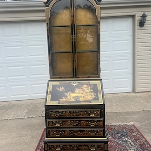 Vintage Lighted Chinoiserie Secretary Desk: Pagoda Motif, Original Key