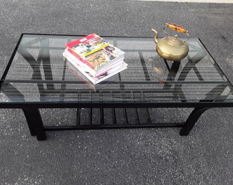 A Very Unique Vintage Wrought Iron Base Glass Top Coffee Table 48.5