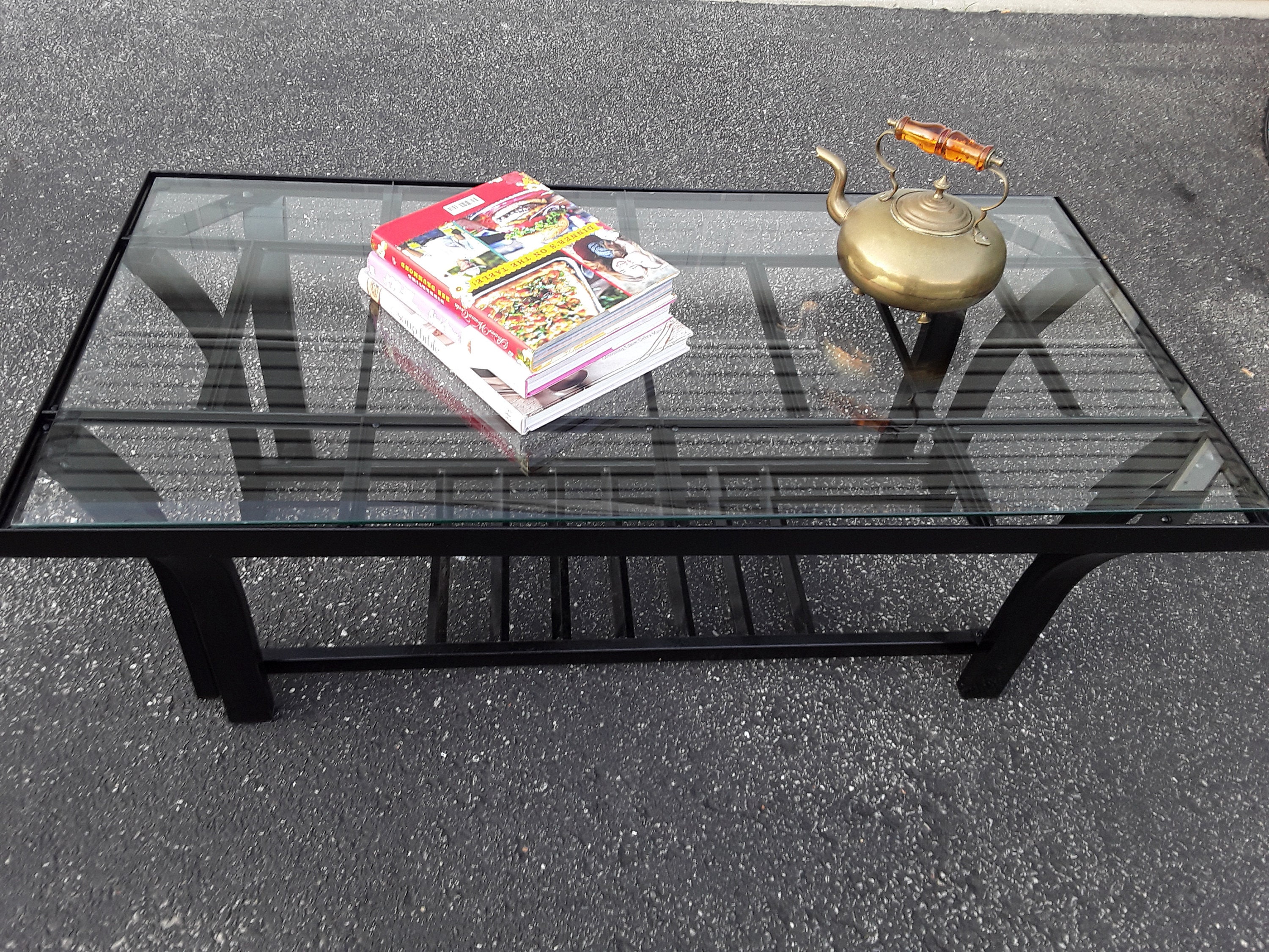 Black wrought iron coffee table with glass top discount