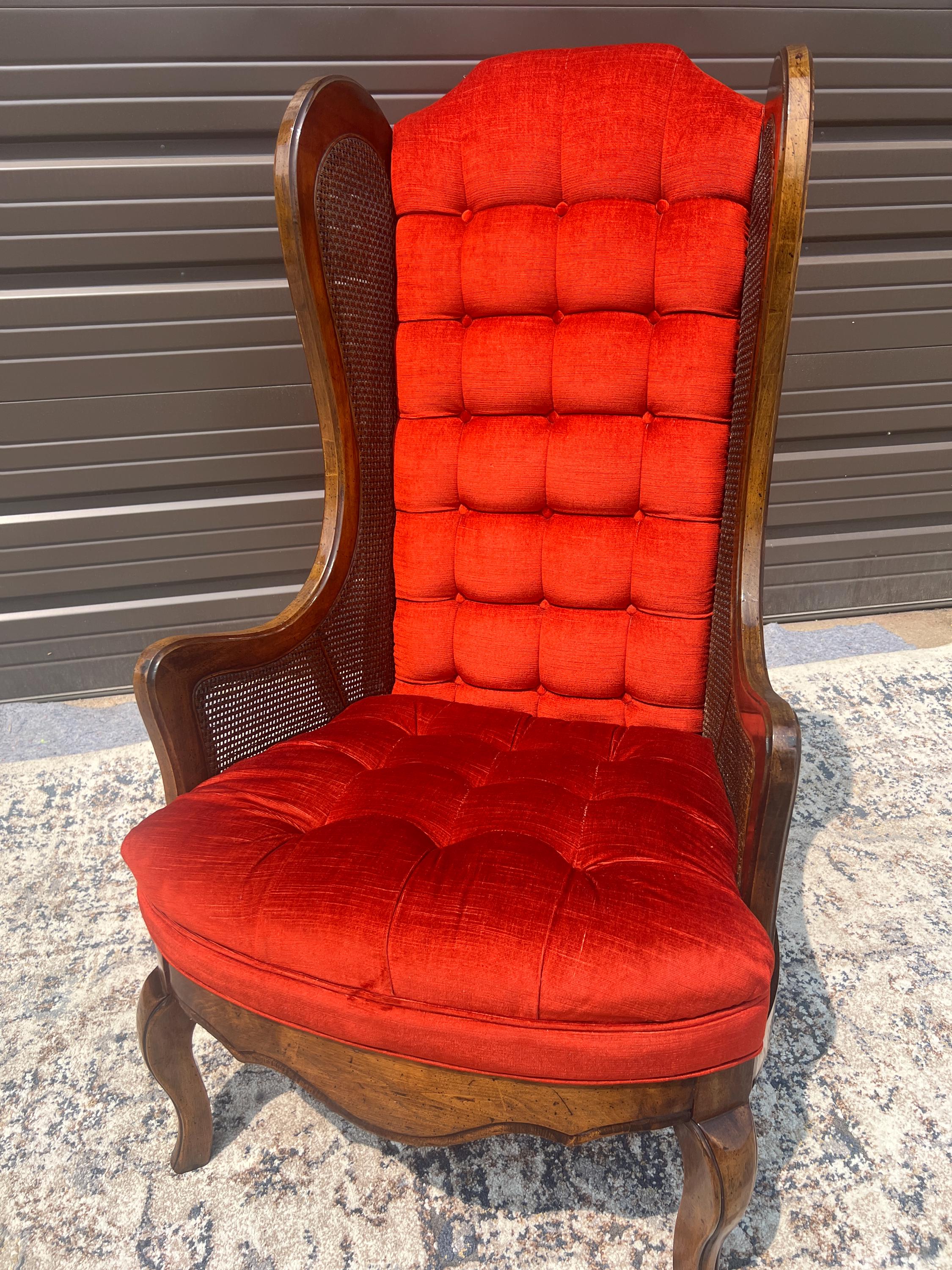 A 1960s Comfy Vintage Victorian Style Walnut Cane Wingback Tufted Back n Seat Red Velvet Chair w/ Queen Anne Legs