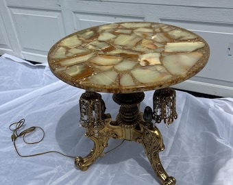A Vintage Handmade Hollywood Regency Marble & Onyx Side Table w/ 3 Lights