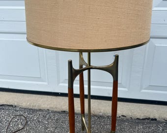 1960s Mid Century Modern Teak & Brass Table Lamp with Original Shade
