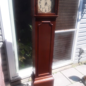 A Rare Statement Pc Affordable General Electric Vintage Walnut Westminster Chiming Grandmother Clock w/ Sailing Boat Gilded Corner Spandrels