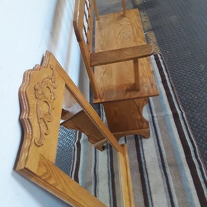 Vintage Tiger Oak Hallway Bench with Spindle Back & Matching Mirror