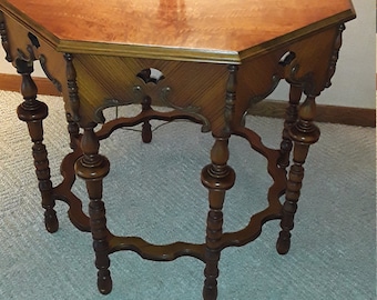 100 DOLLARS DOWN NOW!! Antique Wide Burr Walnut Wood Octagonal French Country Side/End/Occasional Table w/ Exquisite Wood Carvings