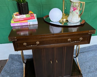 A Gorgeous One-of-a-Kind Vintage Very Heavy Mahogany Buffet Server Tempered Heat Surface Top, Side X Brass Decorations & on Casters 2 Door