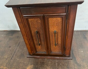 A Soo Cute Vintage Side Table or Night Stand with a Cane Door & Formica Top has Storage Living Room Bedroom Furniture