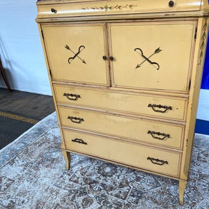 A Rare Built Vintage Northern Furniture Co. Mid-Century French Country Style Highboy Dresser 5 Drawers n 2 Doors Hand Painted Decorations