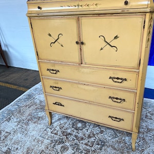 A Rare Built Vintage Northern Furniture Co. Mid-Century French Country Style Highboy Dresser 5 Drawers n 2 Doors Hand Painted Decorations