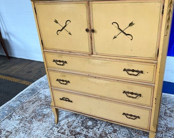 A Rare Built Vintage Northern Furniture Co. Mid-Century French Country Style Highboy Dresser 5 Drawers n 2 Doors Hand Painted Decorations